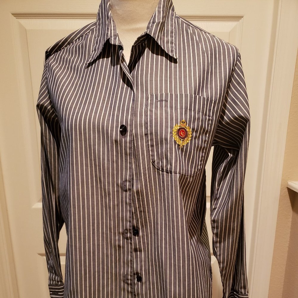 Liz Claiborne Black and White Striped Button-Down Shirt with Crest